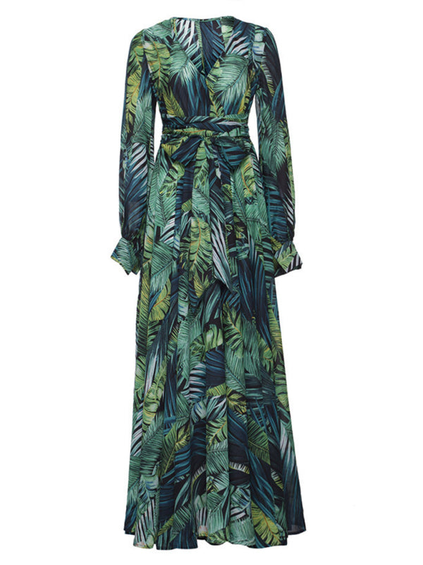 Maxi Dress- Abstract Print Long Sleeve Surplice Maxi Dress- - IndioGear Fashion and Gear