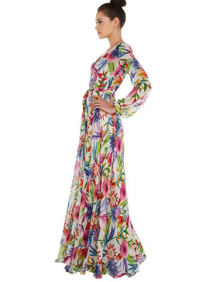 Maxi Dress- Abstract Print Long Sleeve Surplice Maxi Dress- - IndioGear Fashion and Gear