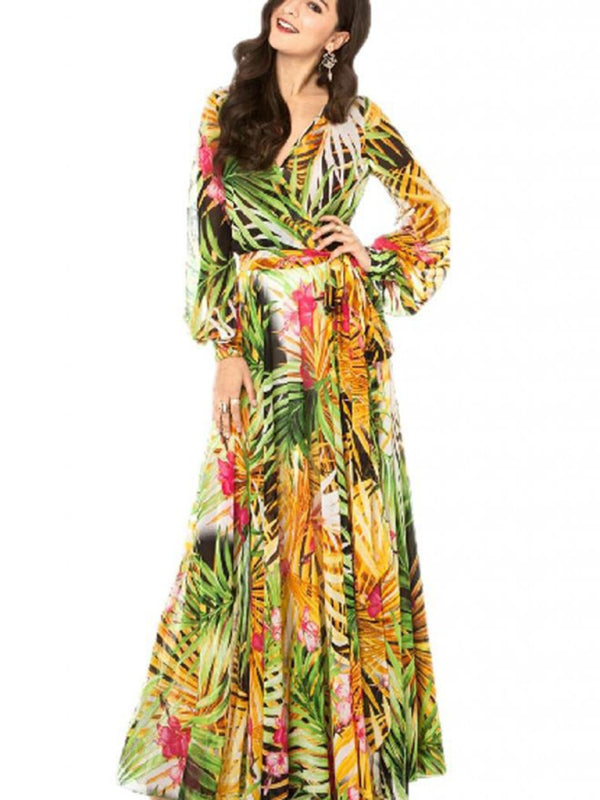 Maxi Dress- Abstract Print Long Sleeve Surplice Maxi Dress- Yellow- IndioGear Fashion and Gear