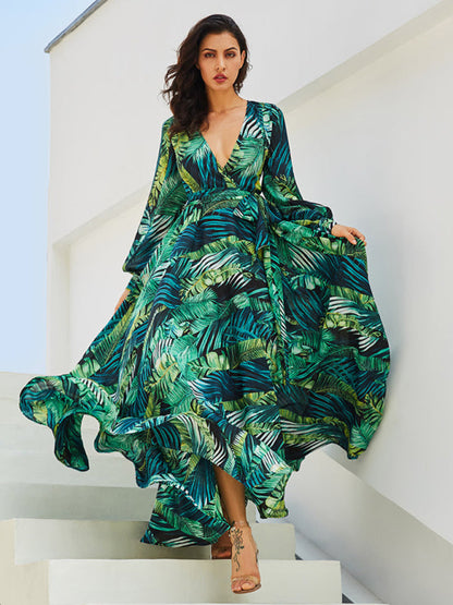 Maxi Dress- Abstract Print Long Sleeve Surplice Maxi Dress- Green- IndioGear Fashion and Gear