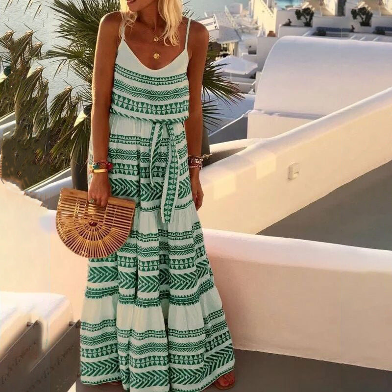 Maxi Dress- Boho Print Tiered Waist Tie Cami Maxi Dress- Green- IndioGear Fashion and Gear