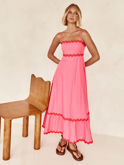 Contrast Trim Sleeveless Cami Empire Maxi Dress for Summer