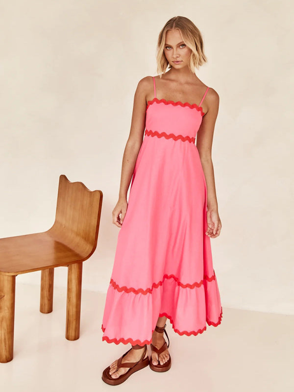 Contrast Trim Sleeveless Cami Empire Maxi Dress for Summer