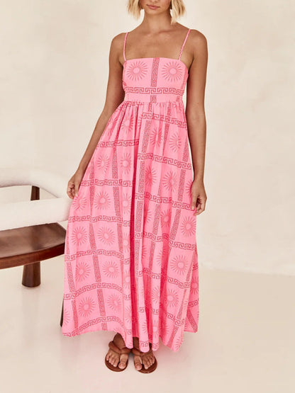 Maxi Dresses- A-Line Cami Maxi Dress in Summer Print with Open Back- Pink- IndioGear Fashion and Gear