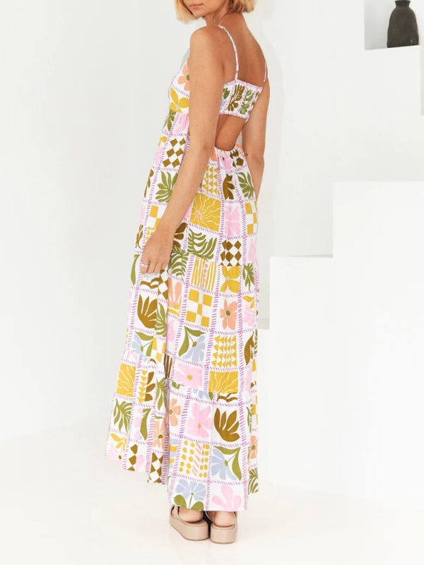 Maxi Dresses- A-Line Cami Maxi Dress in Summer Print with Open Back- - IndioGear Fashion and Gear