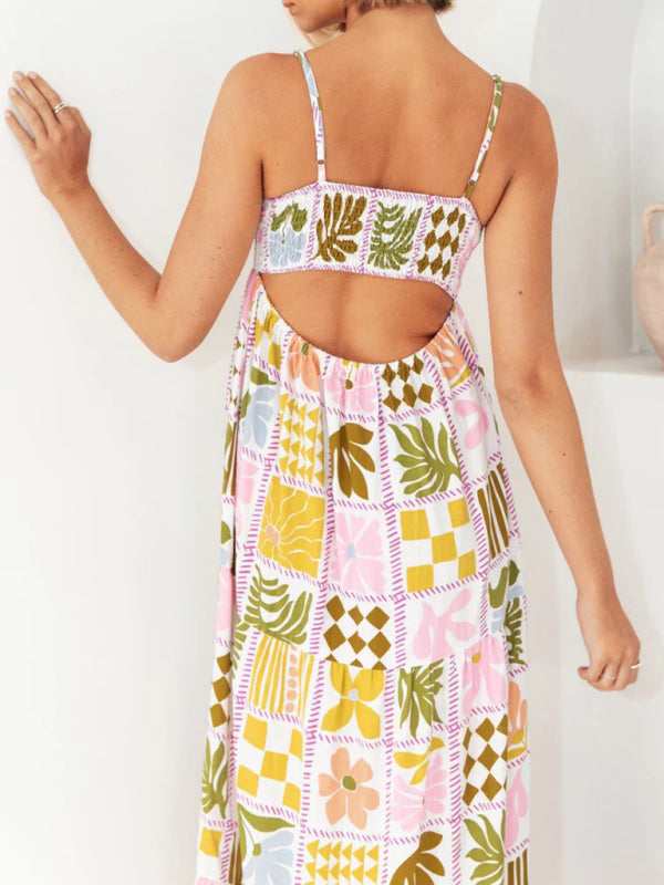 Maxi Dresses- A-Line Cami Maxi Dress in Summer Print with Open Back- - IndioGear Fashion and Gear