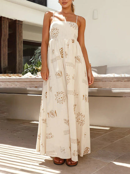 Maxi Dresses- A-Line Cami Maxi Dress in Summer Print with Open Back- - IndioGear Fashion and Gear