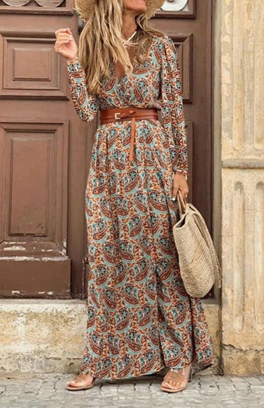 Maxi Dresses- Autumn Floral Wrap Maxi Dress with Belt & Long Sleeve & V-Neck- - Pekosa Women Clothing