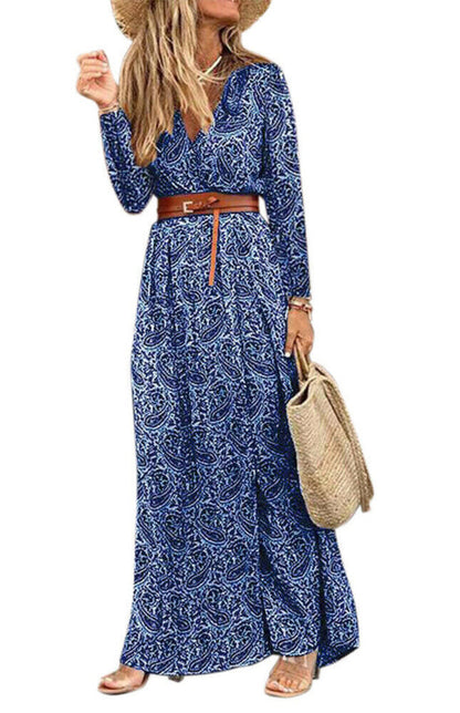 Maxi Dresses- Autumn Floral Wrap Maxi Dress with Belt & Long Sleeve & V-Neck- - Pekosa Women Clothing