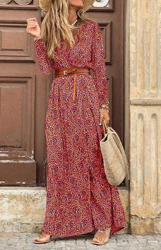 Maxi Dresses- Autumn Floral Wrap Maxi Dress with Belt & Long Sleeve & V-Neck- Red- Pekosa Women Clothing