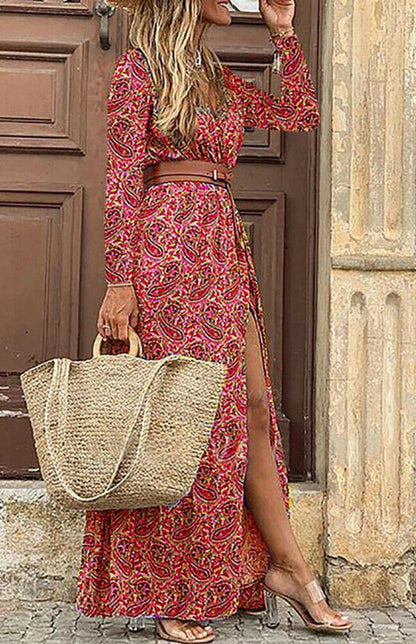 Maxi Dresses- Autumn Floral Wrap Maxi Dress with Belt & Long Sleeve & V-Neck- - Pekosa Women Clothing