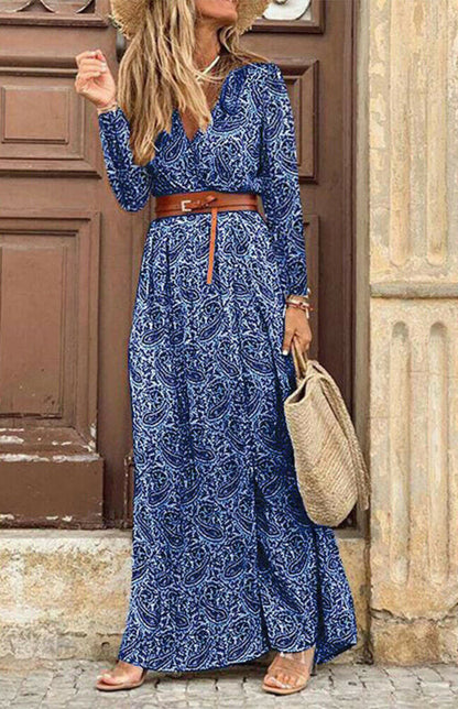 Maxi Dresses- Autumn Floral Wrap Maxi Dress with Belt & Long Sleeve & V-Neck- Purplish blue navy- Pekosa Women Clothing