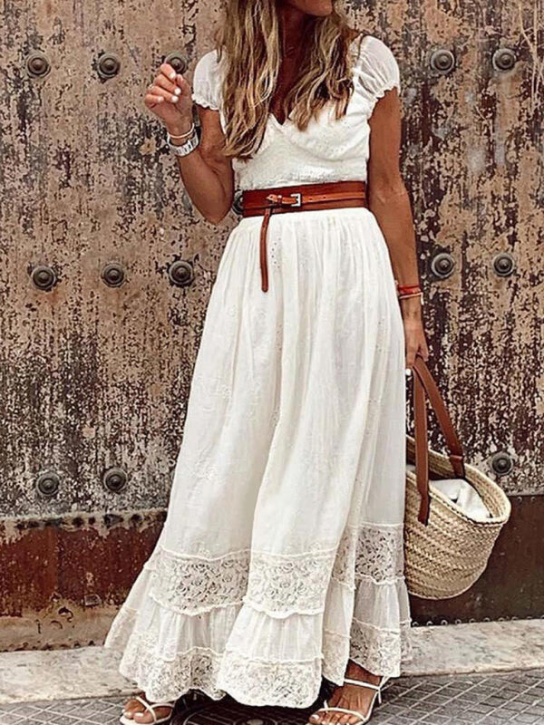 Maxi Dresses- Beach Party Perfection: Cotton Lace Eyelet V-neck Maxi Dress- - IndioGear Fashion and Gear