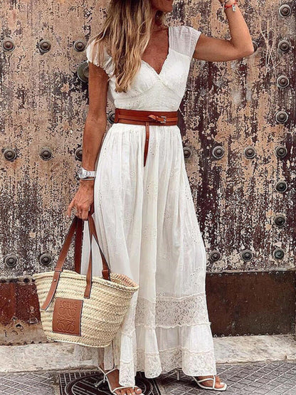 Maxi Dresses- Beach Party Perfection: Cotton Lace Eyelet V-neck Maxi Dress- White- IndioGear Fashion and Gear