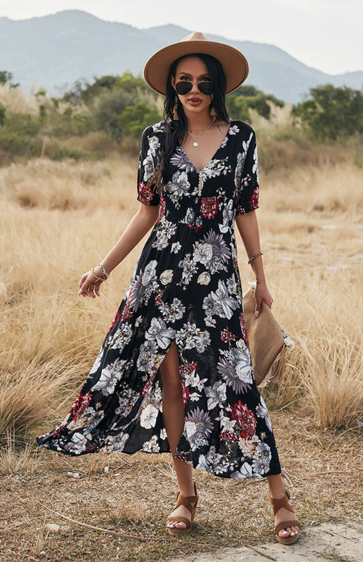 Maxi Dresses- Boho Floral Maxi Dress with V Neck, Smocked Waist, Leg Slit- - IndioGear Fashion and Gear