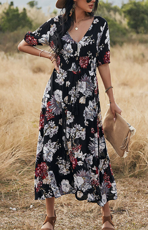 Maxi Dresses- Boho Floral Maxi Dress with V Neck, Smocked Waist, Leg Slit- - IndioGear Fashion and Gear