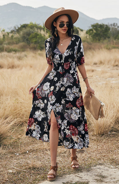 Maxi Dresses- Boho Floral Maxi Dress with V Neck, Smocked Waist, Leg Slit- - IndioGear Fashion and Gear