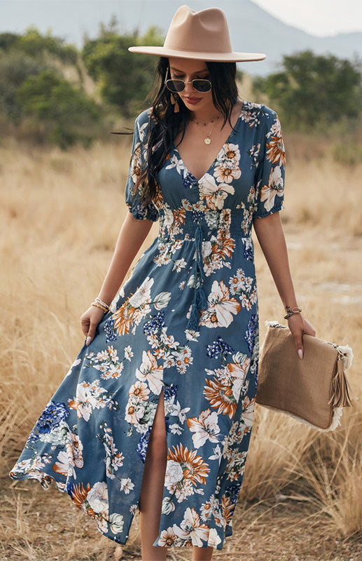 Maxi Dresses- Boho Floral Maxi Dress with V Neck, Smocked Waist, Leg Slit- - IndioGear Fashion and Gear