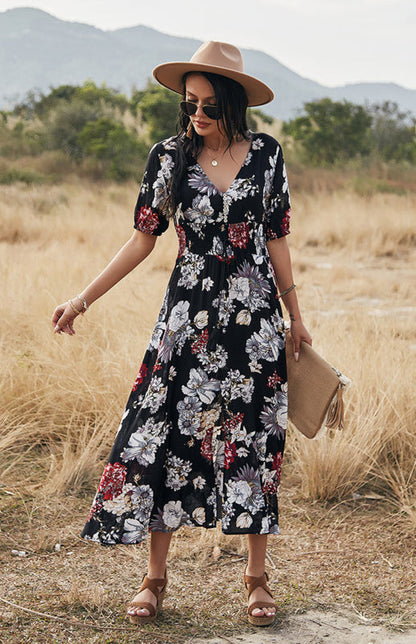 Maxi Dresses- Boho Floral Maxi Dress with V Neck, Smocked Waist, Leg Slit- - IndioGear Fashion and Gear