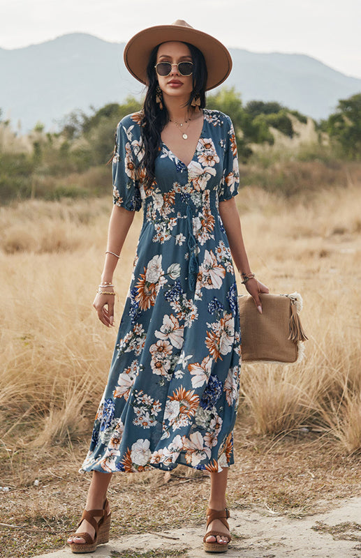 Maxi Dresses- Boho Floral Maxi Dress with V Neck, Smocked Waist, Leg Slit- - IndioGear Fashion and Gear