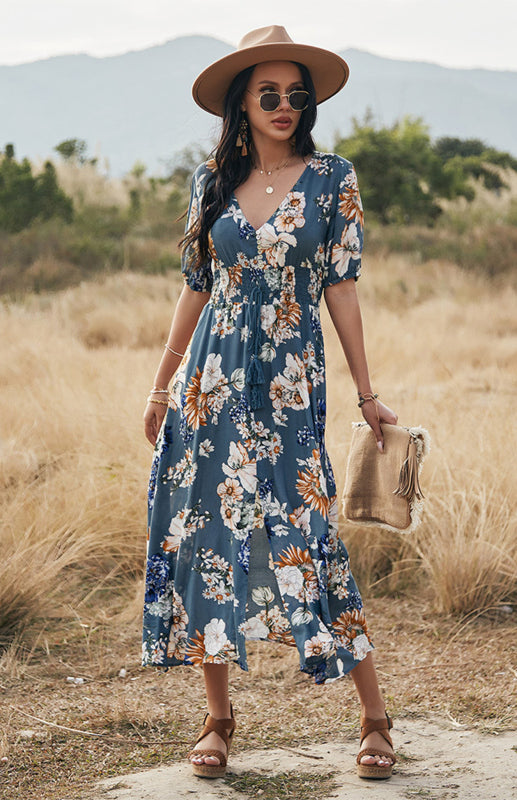 Maxi Dresses- Boho Floral Maxi Dress with V Neck, Smocked Waist, Leg Slit- - IndioGear Fashion and Gear