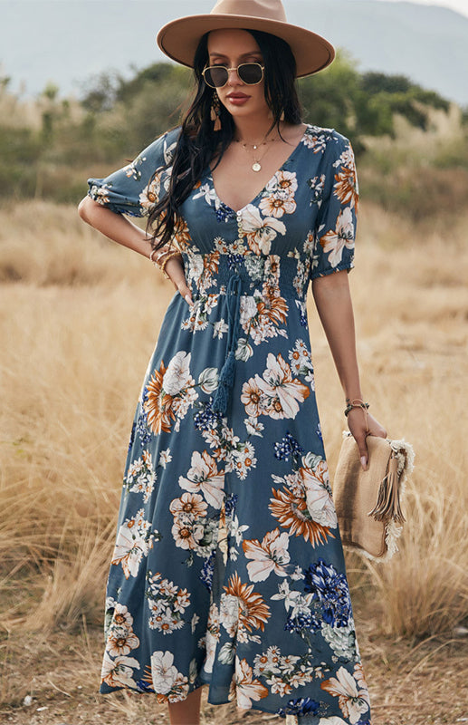 Maxi Dresses- Boho Floral Maxi Dress with V Neck, Smocked Waist, Leg Slit- - IndioGear Fashion and Gear