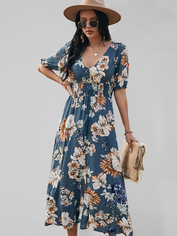 Maxi Dresses- Boho Floral Maxi Dress with V Neck, Smocked Waist, Leg Slit- Navy Blue- IndioGear Fashion and Gear