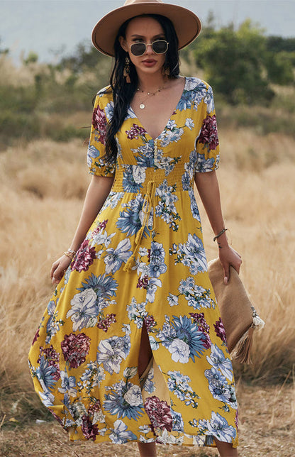 Maxi Dresses- Boho Floral Maxi Dress with V Neck, Smocked Waist, Leg Slit- - IndioGear Fashion and Gear