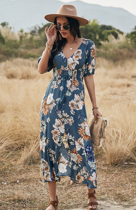 Maxi Dresses- Boho Floral Maxi Dress with V Neck, Smocked Waist, Leg Slit- - IndioGear Fashion and Gear