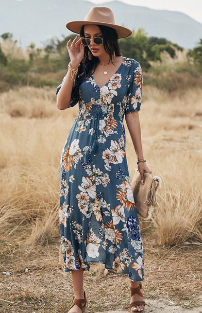 Maxi Dresses- Boho Floral Maxi Dress with V Neck, Smocked Waist, Leg Slit- - IndioGear Fashion and Gear