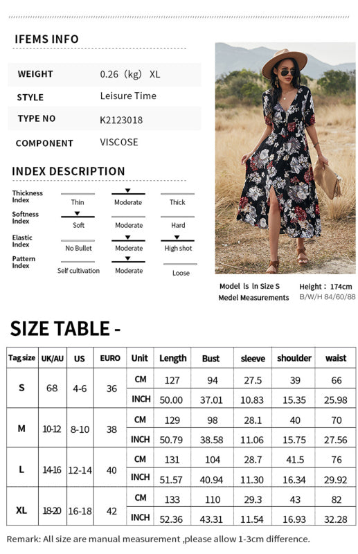 Maxi Dresses- Boho Floral Maxi Dress with V Neck, Smocked Waist, Leg Slit- - IndioGear Fashion and Gear