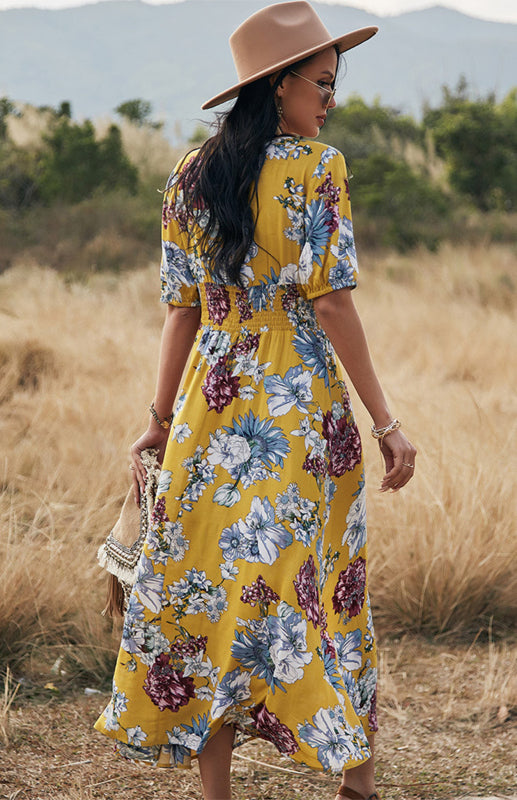 Maxi Dresses- Boho Floral Maxi Dress with V Neck, Smocked Waist, Leg Slit- - IndioGear Fashion and Gear