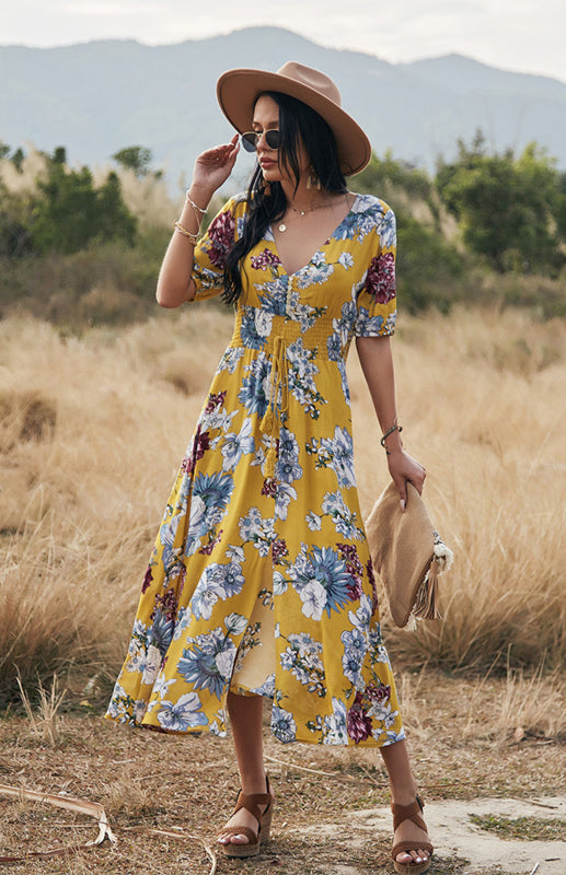 Maxi Dresses- Boho Floral Maxi Dress with V Neck, Smocked Waist, Leg Slit- - IndioGear Fashion and Gear