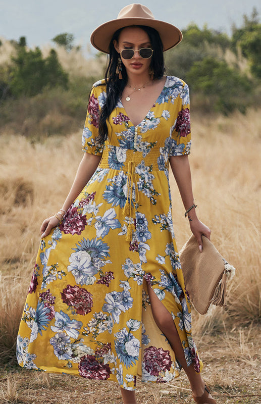 Maxi Dresses- Boho Floral Maxi Dress with V Neck, Smocked Waist, Leg Slit- - IndioGear Fashion and Gear