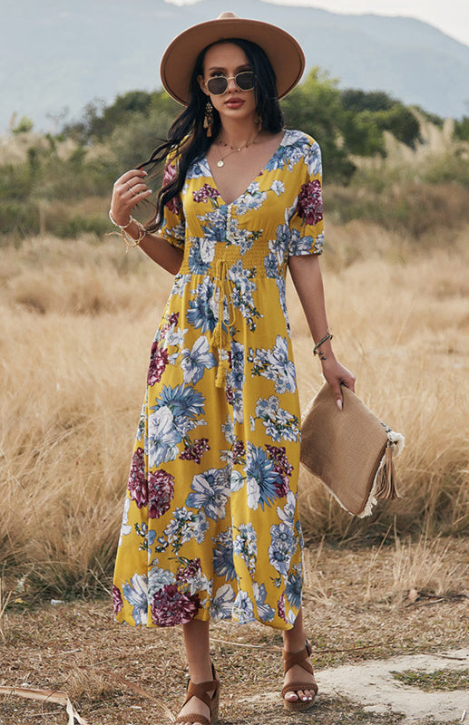 Maxi Dresses- Boho Floral Maxi Dress with V Neck, Smocked Waist, Leg Slit- - IndioGear Fashion and Gear