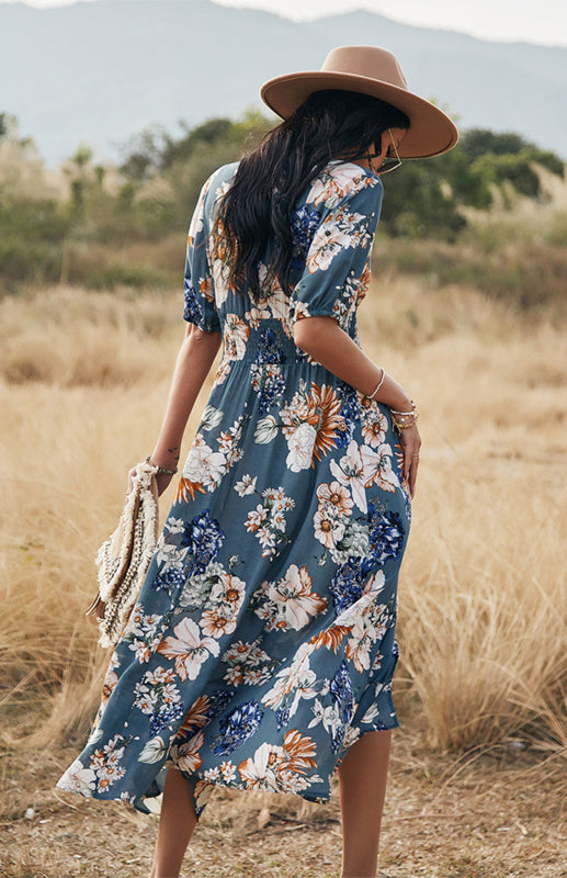 Maxi Dresses- Boho Floral Maxi Dress with V Neck, Smocked Waist, Leg Slit- - IndioGear Fashion and Gear