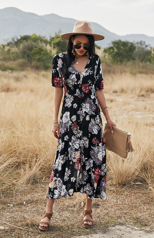 Maxi Dresses- Boho Floral Maxi Dress with V Neck, Smocked Waist, Leg Slit- - IndioGear Fashion and Gear