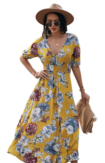 Maxi Dresses- Boho Floral Maxi Dress with V Neck, Smocked Waist, Leg Slit- Yellow- IndioGear Fashion and Gear