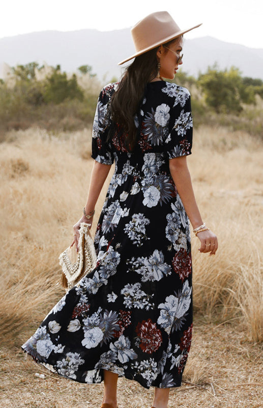 Maxi Dresses- Boho Floral Maxi Dress with V Neck, Smocked Waist, Leg Slit- Black- IndioGear Fashion and Gear