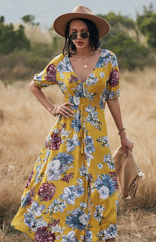 Maxi Dresses- Boho Floral Maxi Dress with V Neck, Smocked Waist, Leg Slit- - IndioGear Fashion and Gear