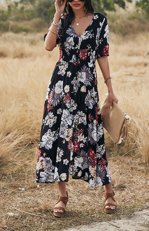 Maxi Dresses- Boho Floral Maxi Dress with V Neck, Smocked Waist, Leg Slit- - IndioGear Fashion and Gear