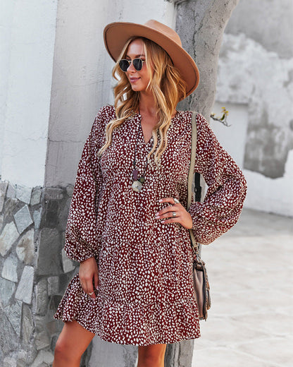 Maxi Dresses- Boho Leopard Print Loose Dress with Long Sleeve for All Occasions- Wine Red- IndioGear Fashion and Gear