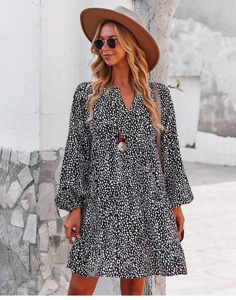 Maxi Dresses- Boho Leopard Print Loose Dress with Long Sleeve for All Occasions- - IndioGear Fashion and Gear