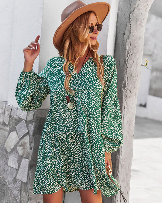 Maxi Dresses- Boho Leopard Print Loose Dress with Long Sleeve for All Occasions- Green- IndioGear Fashion and Gear