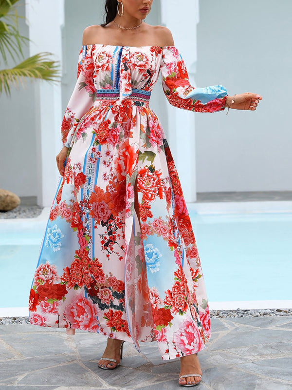 Maxi Dresses- Boho Scarf Print Off-Shoulder Maxi Dress: Lantern Sleeves, Side Slit- Suit 4- IndioGear Fashion and Gear