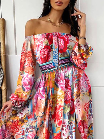 Maxi Dresses- Boho Scarf Print Off-Shoulder Maxi Dress: Lantern Sleeves, Side Slit- - IndioGear Fashion and Gear