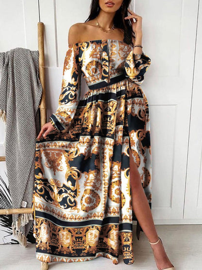 Maxi Dresses- Boho Scarf Print Off-Shoulder Maxi Dress: Lantern Sleeves, Side Slit- Pattern2- IndioGear Fashion and Gear