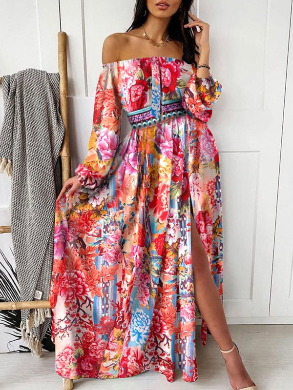 Maxi Dresses- Boho Scarf Print Off-Shoulder Maxi Dress: Lantern Sleeves, Side Slit- Pattern1- IndioGear Fashion and Gear