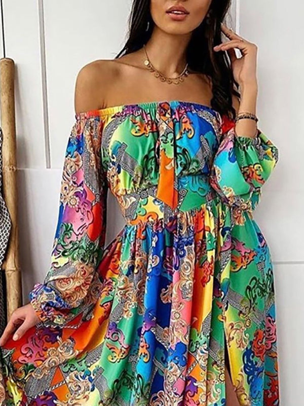 Maxi Dresses- Boho Scarf Print Off-Shoulder Maxi Dress: Lantern Sleeves, Side Slit- - IndioGear Fashion and Gear