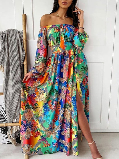 Maxi Dresses- Boho Scarf Print Off-Shoulder Maxi Dress: Lantern Sleeves, Side Slit- Pattern3- IndioGear Fashion and Gear